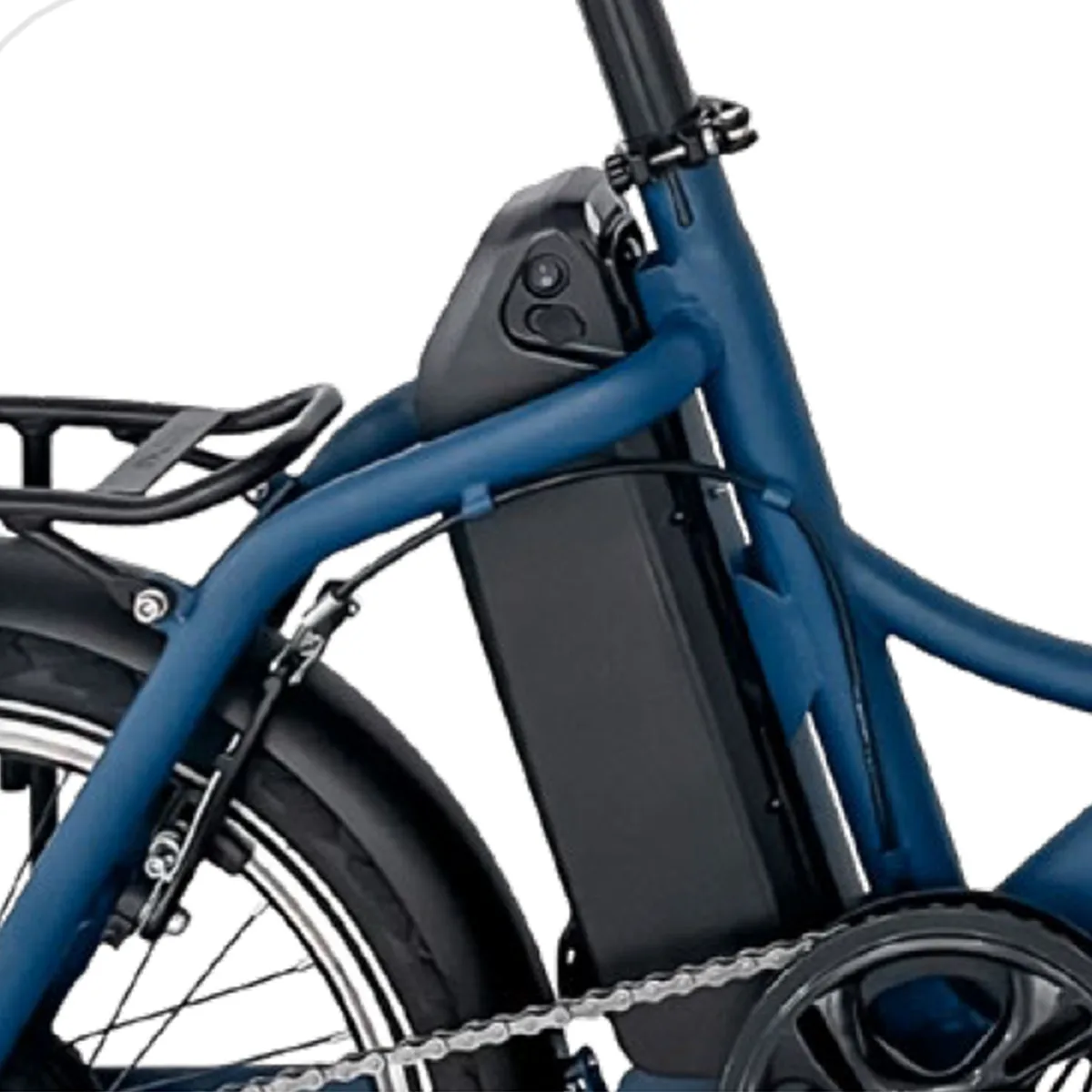 Dettaglio batteria integrata su bicicletta elettrica blu