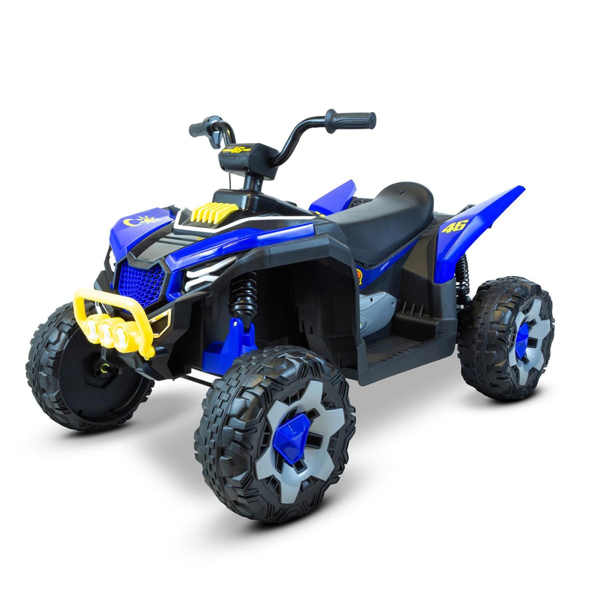 Quad VR46 Mudster per bambini giallo e blu, mini quad elettrico per bambini vista di tre quarti